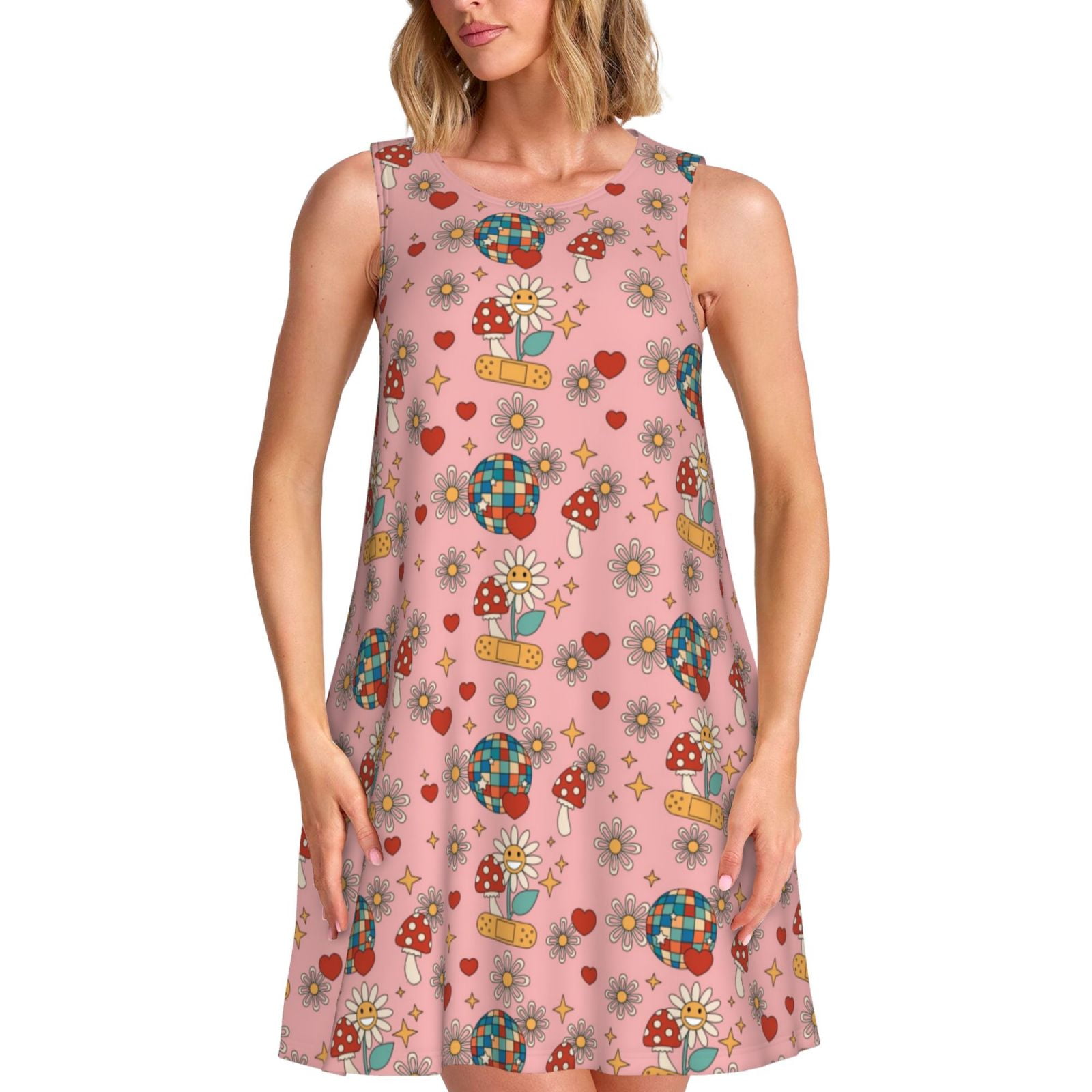 Fuzoiu Retro 70s 60s Hippie Flower Print Women's Sleeveless Dress