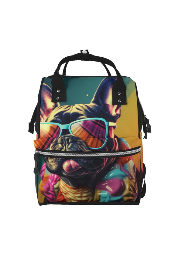 Retro Bulldog Sunglasses Print Diaper Bag Backpack,Baby Essentials Travel Tote,Multi function Waterproof Diaper Bag, Travel Essentials Baby Bag - Unisex