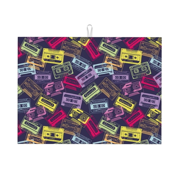 Fuzoiu Retro Cassette Music Print Absorbent, Reversible Microfiber Dish Drying Mat for Kitchen, Dish Drying Pad for Dishes, Utensils, Pots and Pans, Extra Large 18 Inch x 24 Inch