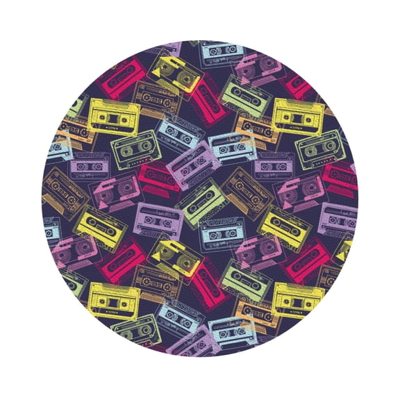 Fuzoiu Retro Cassette Music Print Leather Coasters Set,Drink Coasters Set of 6,for Tabletop Protection, Durable PVC Coasters,Home Décor and Housewarming Gift,Round Shape