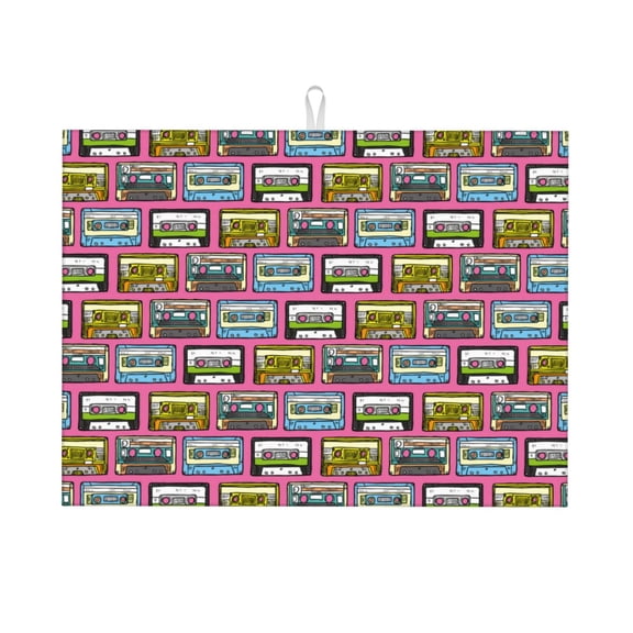 Fuzoiu Retro Cassette Print Absorbent, Reversible Microfiber Dish Drying Mat for Kitchen, Dish Drying Pad for Dishes, Utensils, Pots and Pans, Extra Large 18 Inch x 24 Inch