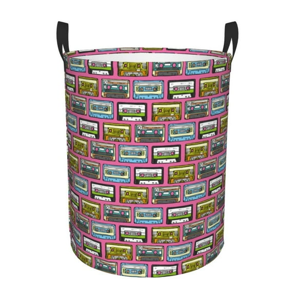 Fuzoiu Retro Cassette Print Circular Hamper,Laundry Basket with Handle,Collapsible Laundry,Dirty Clothes Storage Basket,for Bedroom Bathroom Dorm Living Room-Small