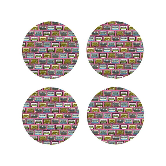 Fuzoiu Retro Cassette Print Leather Coasters Set,Drink Coasters Set of 4,for Tabletop Protection, Durable PVC Coasters,Home Décor and Housewarming Gift-Round Shape