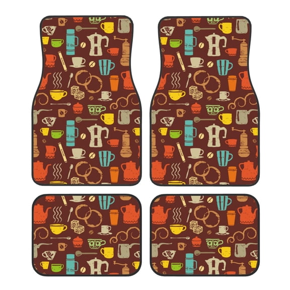 Fuzoiu Retro Coffee Print Carpet Floor Mats for Car,Car Foot Mat Set,Universal Fit 4 Piece Mat Pad Set,Fits Most Cars Trucks Vans Sedans SUV Auto Carpet Mat Se