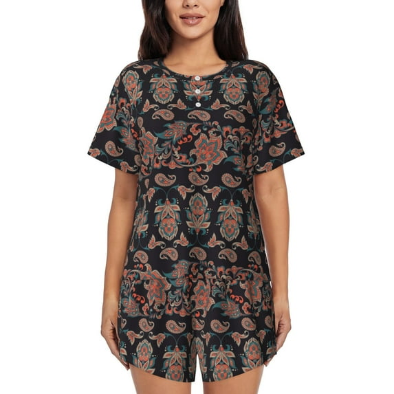 Fuzoiu Retro Floral Print Women's Short-Sleeved Pajama Set,Lounge Sleepwear Set,Womens Pajama Sets 2 Piece,Button-Up Top and Shorts with Pockets-Large