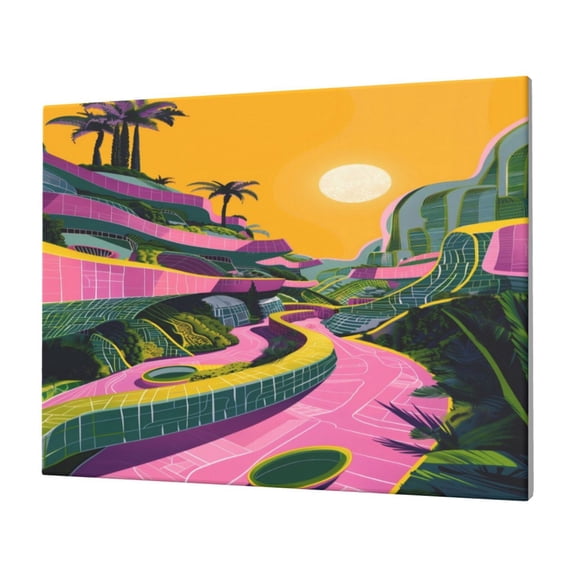 Fuzoiu Retro Futuristic Landscape Print Canvas Wall Decorative,Modern Artwork Picture Decor Painting,Living Room Bedroom Home Office,Framed Hangable Decorative Artwork Size 30x40
