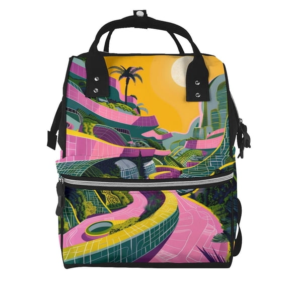 Fuzoiu Retro Futuristic Landscape Print Diaper Bag Backpack,Baby Essentials Travel Tote,Multi function Waterproof Diaper Bag, Travel Essentials Baby Bag - Unisex