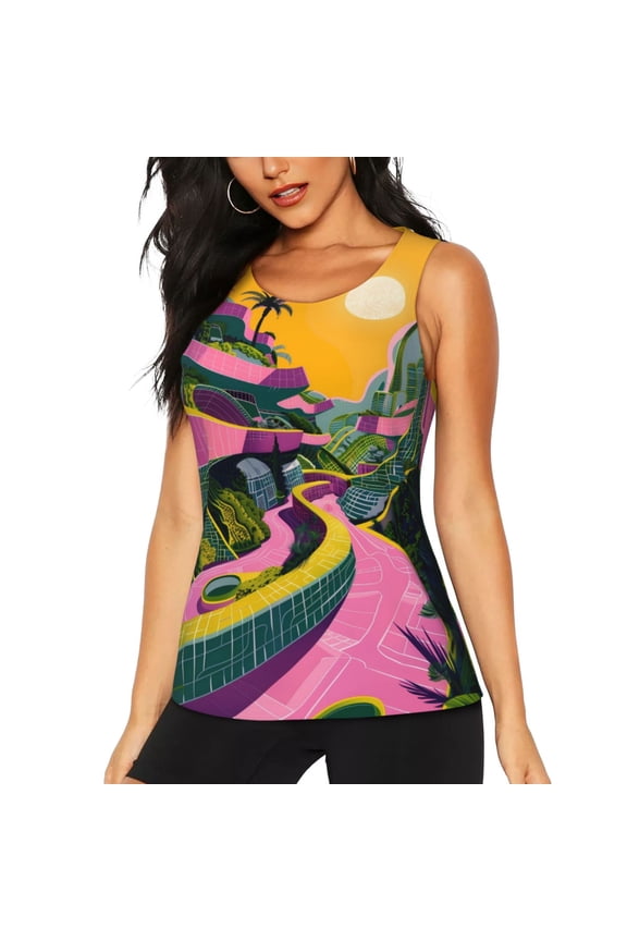 Retro Futuristic Landscape Print Women's Workout Tank Top,Athletic Racerback Sports Tank,Tops Sleeveless Running Loose Fit Yoga Tops,Active Shirts for Yoga, Running, and Gym-XX-Large