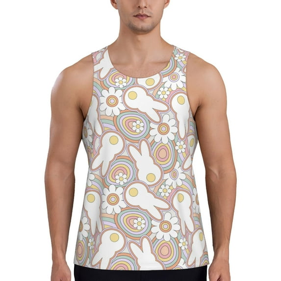 Fuzoiu Retro Hippie Groovy Easter bunny Men's Workout Tank Tops,Sleeveless Gym Shirt Quick Dry,Fitness Bodybuilding T-Shirt,Muscle Athletic Workout Tee-4X-Large