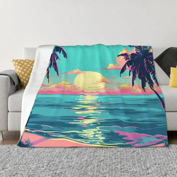 Fuzoiu Retro Palm Beach Sunset Print Flannel Blanket,Throw Blanket,Flannel Home Decor,Fleece Bed Blankets,Cozy Soft Blanket for Bed, Sofa, Camping, and Travel-60"x50"
