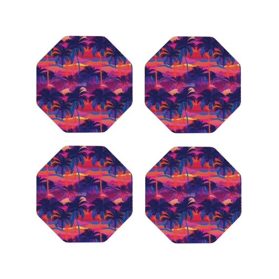 Fuzoiu Retro Palms Print Leather Coasters Set,Drink Coasters Set of 4,for Tabletop Protection, Durable PVC Coasters,Home Décor and Housewarming Gift-Octagon