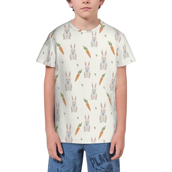 Fuzoiu Retro Rabbit Print Youth Short Sleeve T-Shirt,Youth Dry-Fit Active Athletic T-Shirt,Short Sleeve Tops Tees for School, Sports, and Casual Wear