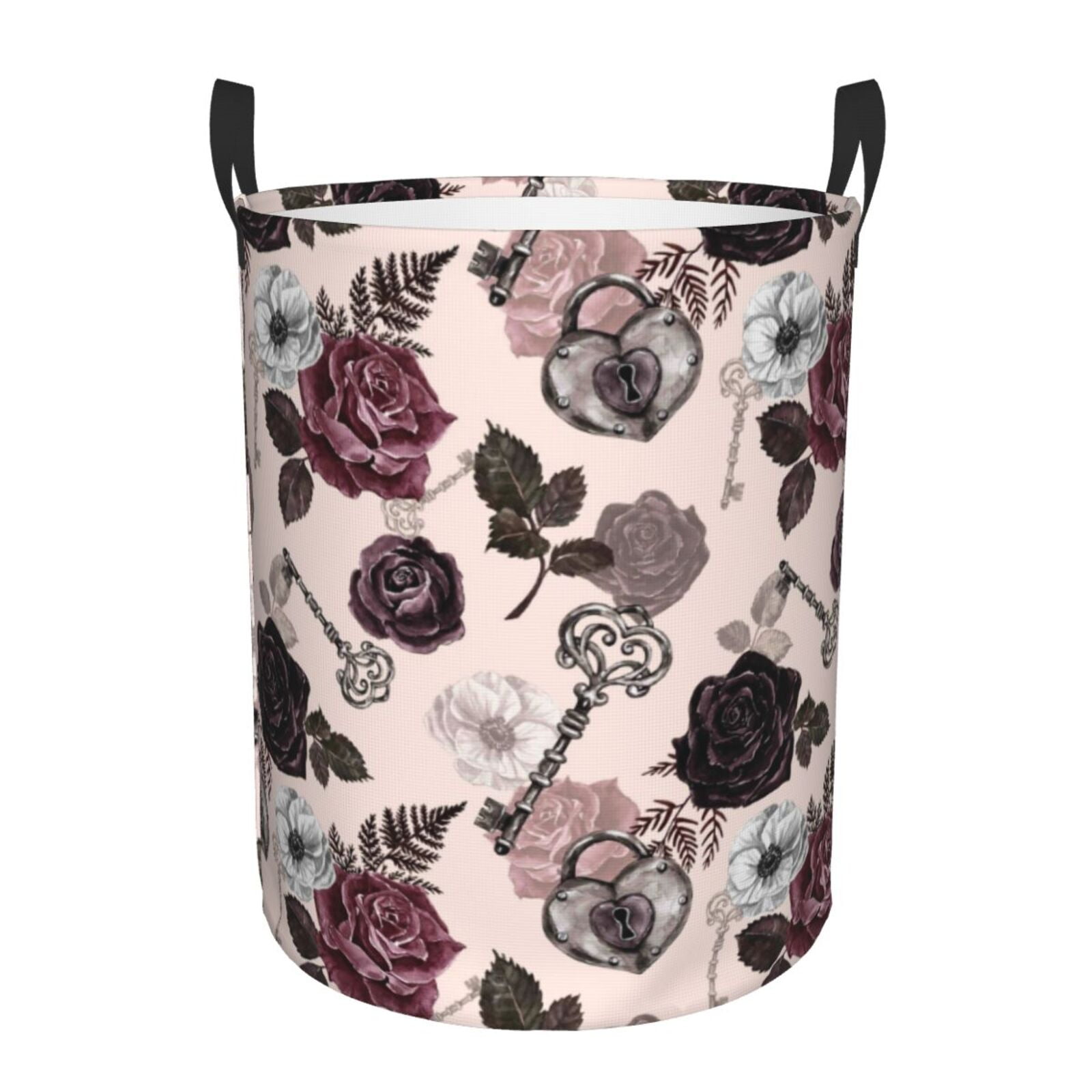 Fuzoiu Retro Red Black Roses Print Circular Hamper,Laundry Basket with Handle,Collapsible Laundry,Dirty Clothes Storage Basket,for Bedroom Bathroom Dorm Living Room-Small