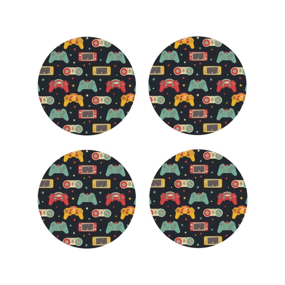 Fuzoiu Retro Video Game Print Leather Coasters Set,Drink Coasters Set of 4,for Tabletop Protection, Durable PVC Coasters,Home Décor and Housewarming Gift-Round Shape