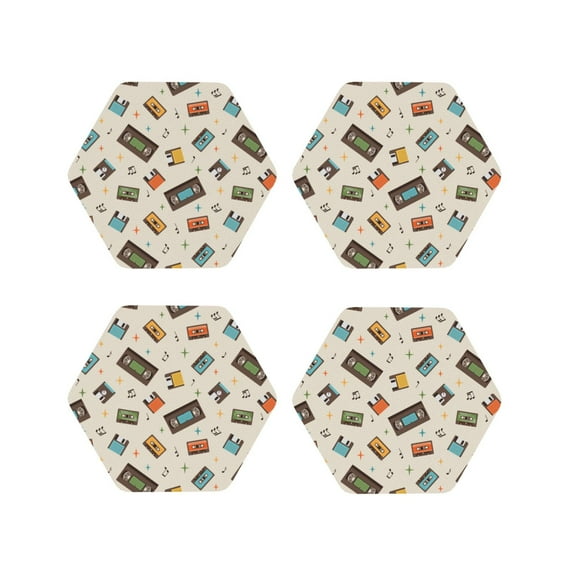Fuzoiu Retro Vintage Tape Print Leather Coasters Set,Drink Coasters Set of 4,for Tabletop Protection, Durable PVC Coasters,Home Décor and Housewarming Gift-Hexagon