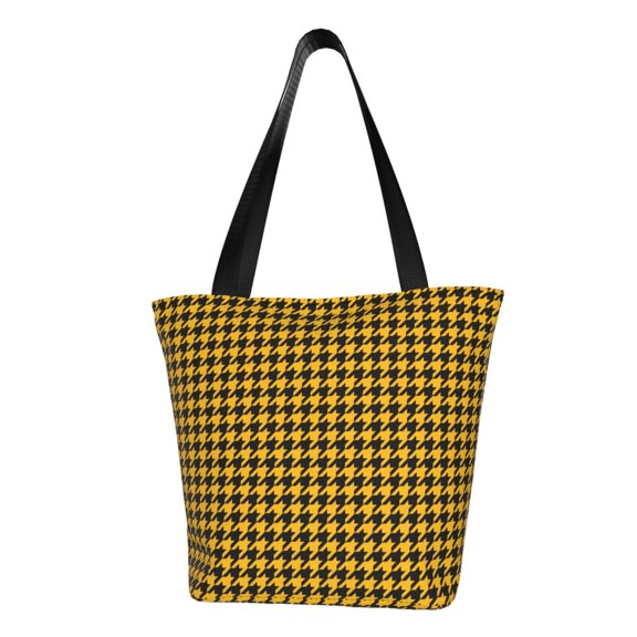 Fuzoiu Retro Yellow and Black Houndstooth Print Large Capacity Shoulder Bag for Women,Large Capacity Office Purse,Laptop Tote Bag,Casual Everyday Tote for Work Beach Travel and Shopping Grocery