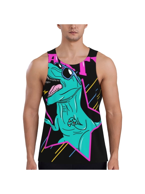 Rex Dinosaur With Sunglasses Print Men's Workout Tank Tops,Sleeveless Gym Shirt Quick Dry,Fitness Bodybuilding T-Shirt,Muscle Athletic Workout Tee-Large
