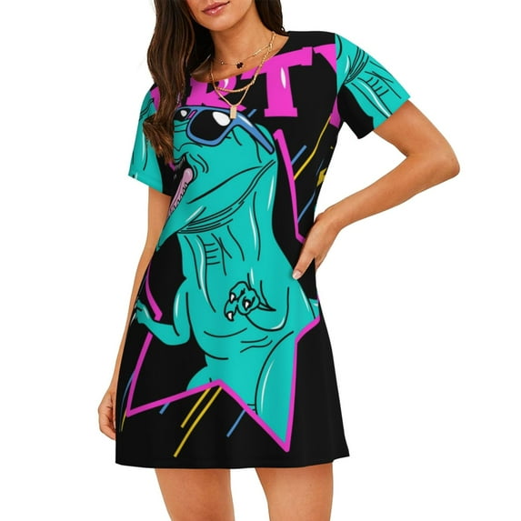 Fuzoiu Rex Dinosaur With Sunglasses Print Women Nightgowns, Soft Comfy Lightweight Short Sleeves Sleepwear,Crew Neck Loungewear
