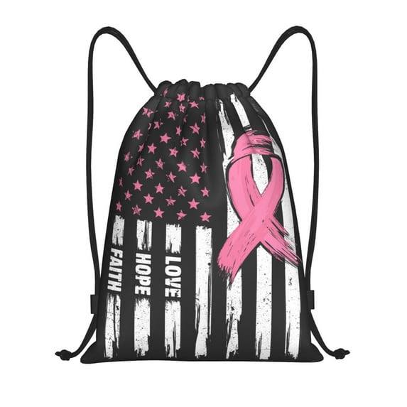 Fuzoiu Ribbon Breast Cancer Awareness Print Drawstring Backpack for Gym, Travel, Yoga,Sports Sackpack String Bag for Women Men-Small