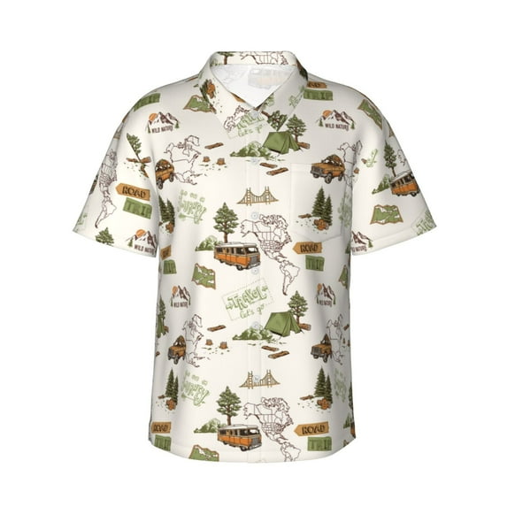 Fuzoiu Road Trip Print Hawaiian Shirt for Men, Summer Beach Casual Short Sleeve Button Down Shirts, Men’s Beach Summer Shirts with Pocket,Large