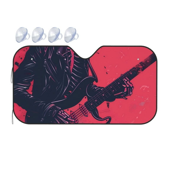 Fuzoiu Rock Skull Guitarist Print Car Windshield Sunshade,Foldable Reflective Sun Visor,Windshield Sun Shade,UV Rays Sun Visor Shade,Auto Front Sun Shield Shade-Small