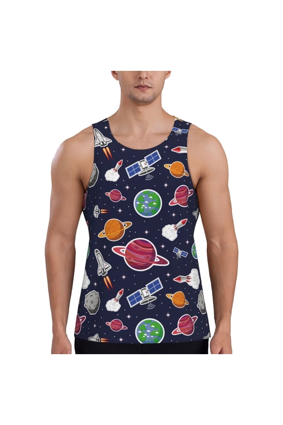 Rocket Satellite Print Men's Workout Tank Tops,Sleeveless Gym Shirt Quick Dry,Fitness Bodybuilding T-Shirt,Muscle Athletic Workout Tee-XX-Large