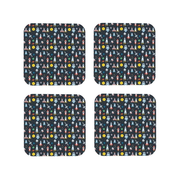 Fuzoiu Rocket Space Print Leather Coasters Set,Drink Coasters Set of 4,for Tabletop Protection, Durable PVC Coasters,Home Décor and Housewarming Gift-Square