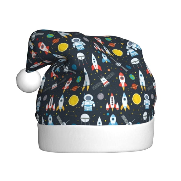 Fuzoiu Rocket Space Print Santa Hat Christmas Hat for Adults,Santa Hats with Pompom, Unisex Xmas Holiday Hat for Christmas New Year Festive Party Supplies