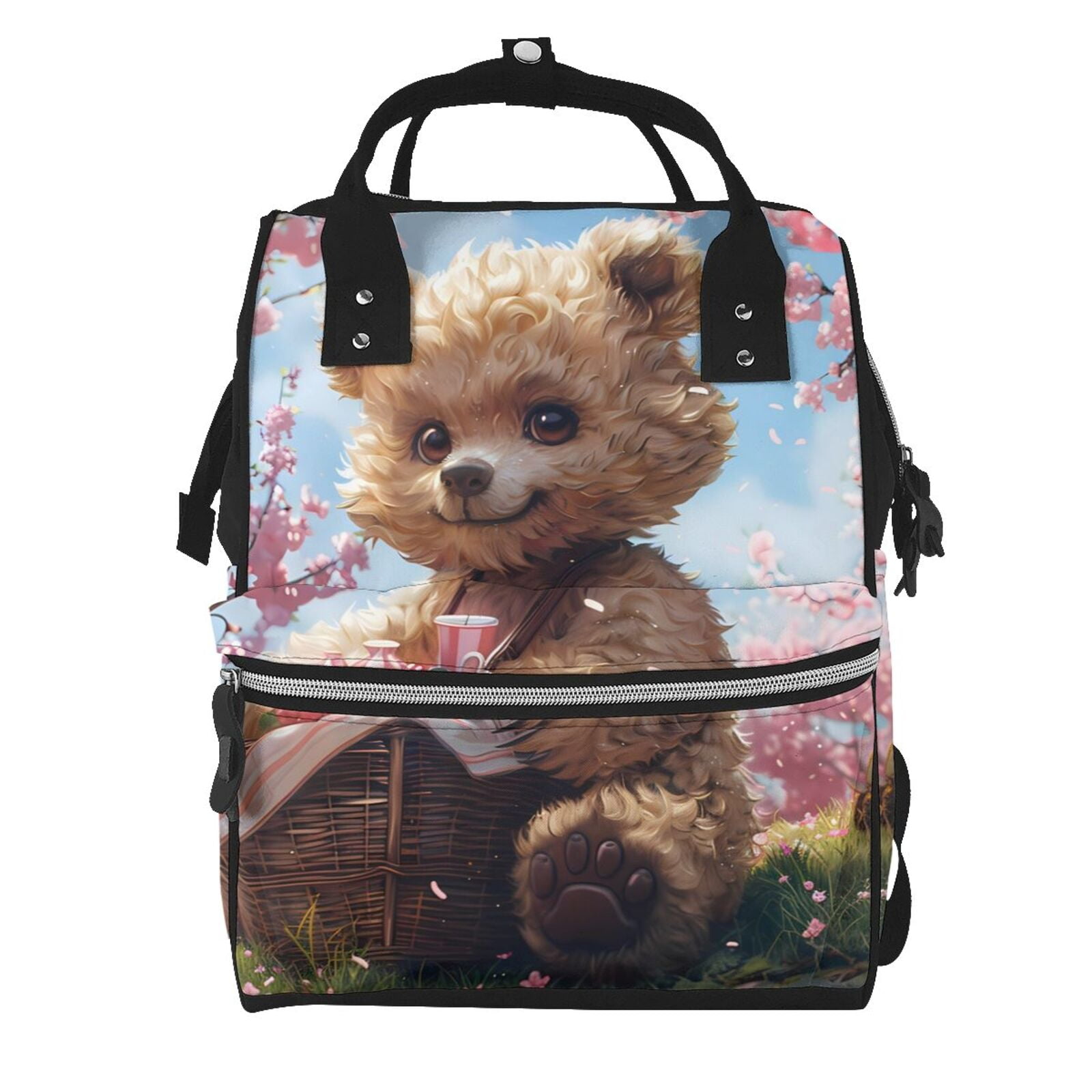 Fuzoiu Romantic Floral Bear Print Diaper Bag Backpack,Baby Essentials Travel Tote,Multi function Waterproof Diaper Bag, Travel Essentials Baby Bag - Unisex