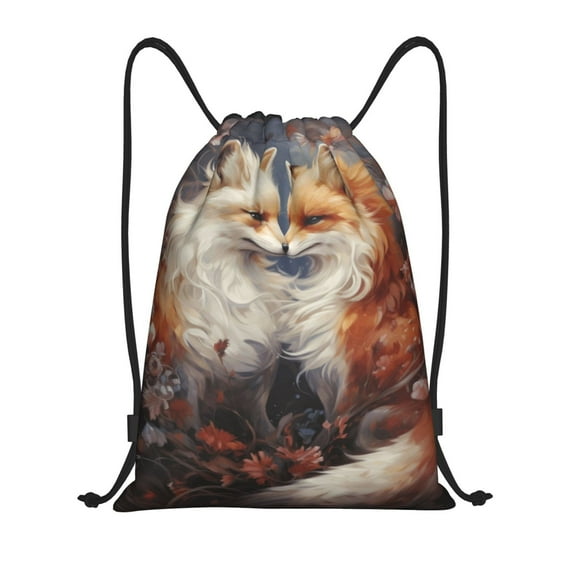 Fuzoiu Romantic Flower Fox Couple Print Drawstring Backpack for Gym, Travel, Yoga,Sports Sackpack String Bag for Women Men-Medium