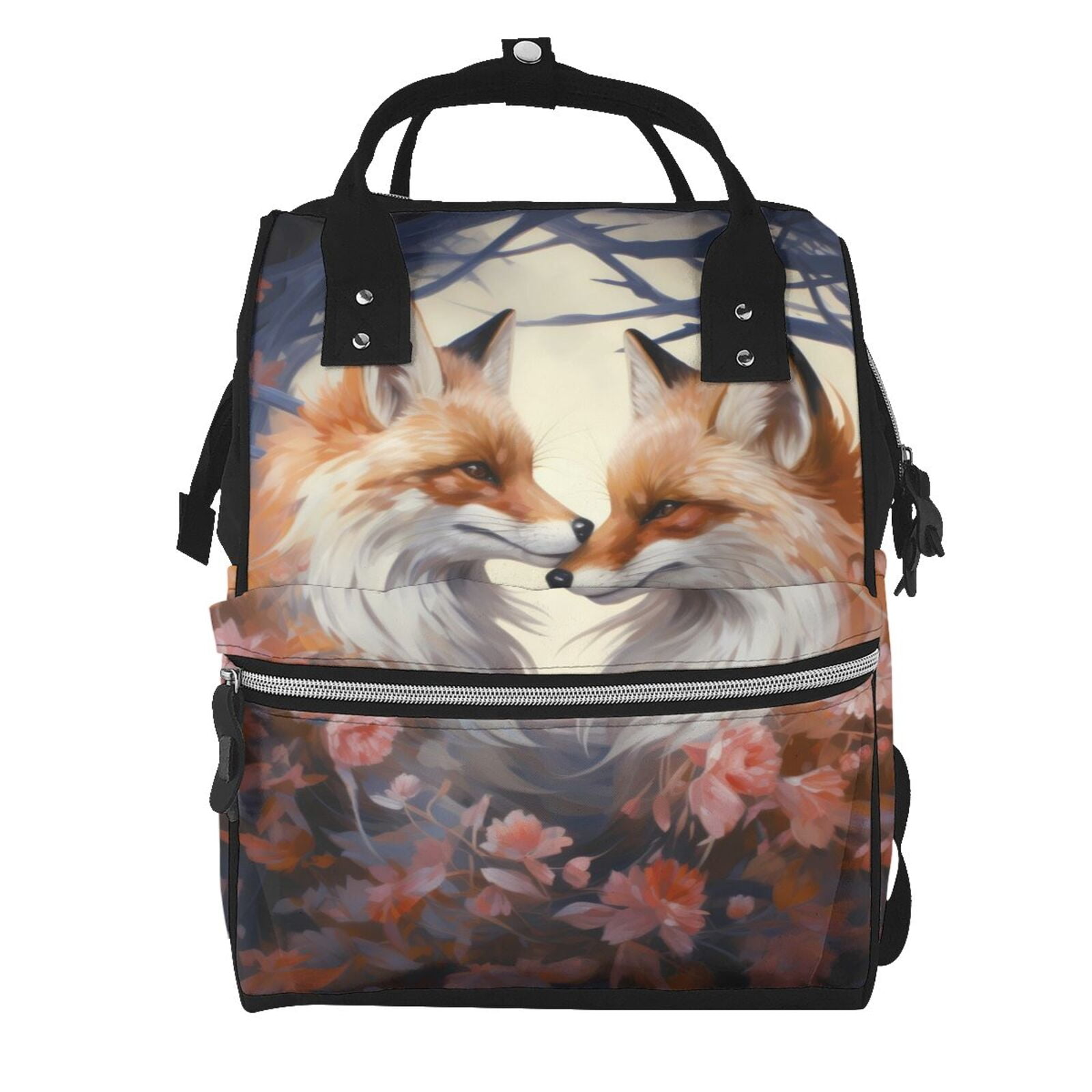 Fuzoiu Romantic Flower Fox Print Diaper Bag Backpack,Baby Essentials Travel Tote,Multi function Waterproof Diaper Bag, Travel Essentials Baby Bag - Unisex