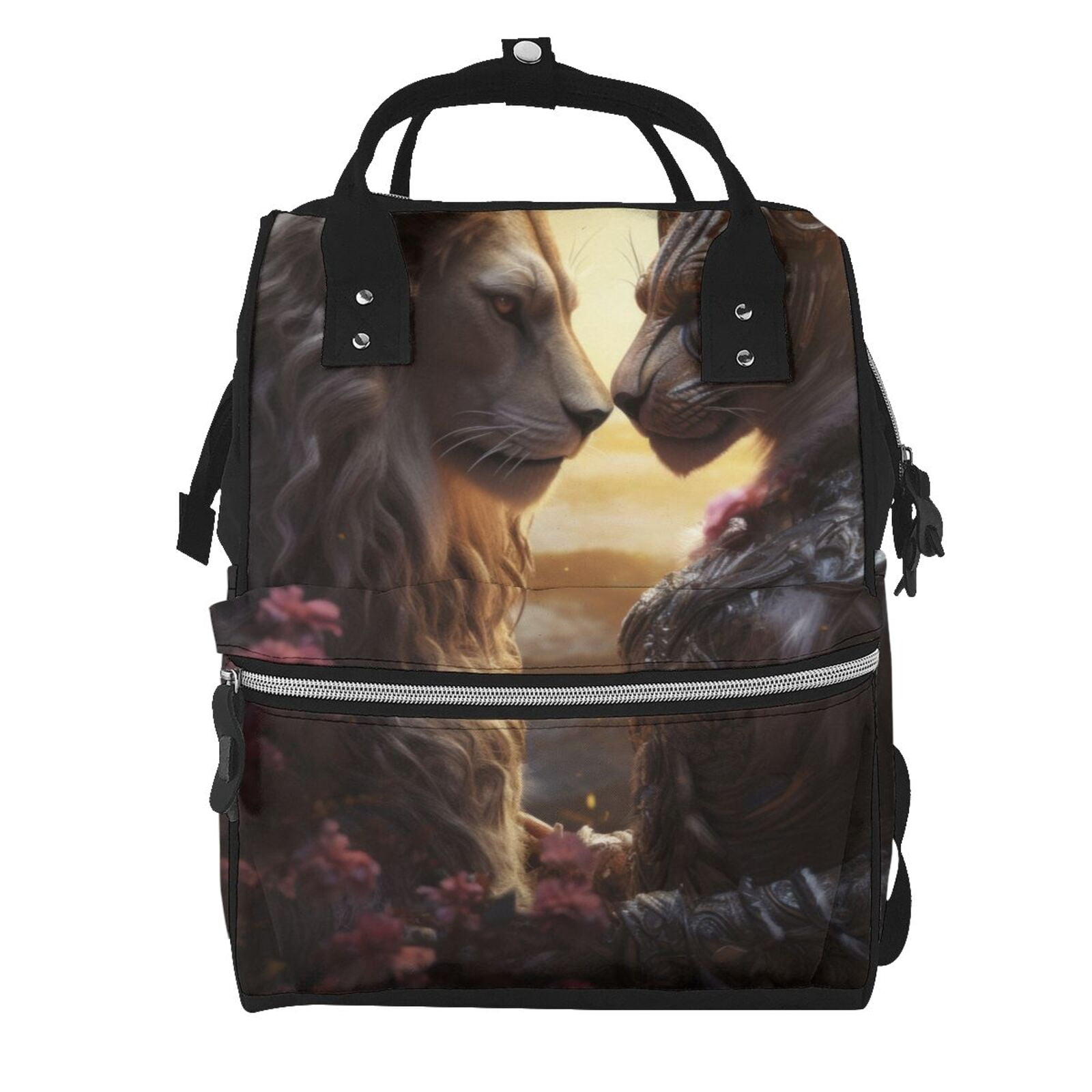 Fuzoiu Romantic Flower Lion Couple Print Diaper Bag Backpack,Baby Essentials Travel Tote,Multi function Waterproof Diaper Bag, Travel Essentials Baby Bag - Unisex