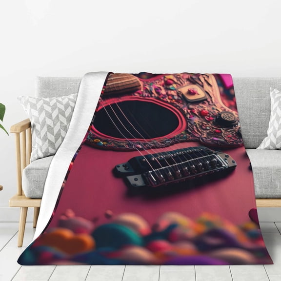 Fuzoiu Romantic Heart Guitar Print Flannel Throw Blanket,Light Weight Warm Decorative,Throw Blanket Cover for Sofa, Couch, Bedroom,Travel-40"x30"