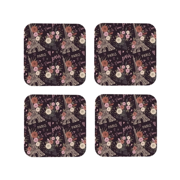 Fuzoiu Romantic Paris Print Leather Coasters Set,Drink Coasters Set of 4,for Tabletop Protection, Durable PVC Coasters,Home Décor and Housewarming Gift-Square
