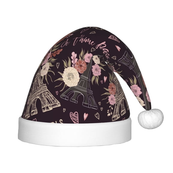 Fuzoiu Romantic Paris Print Santa Hat Christmas Hat for kids,Santa Hats with Pompom, Unisex Xmas Holiday Hat for Christmas New Year Festive Party Supplies