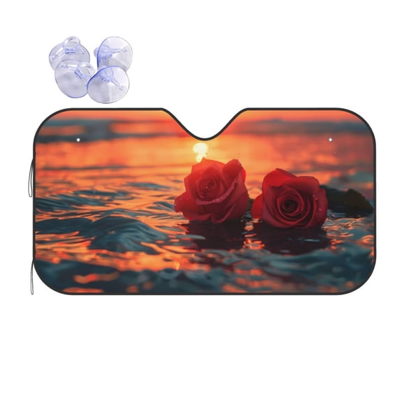 Fuzoiu Romantic Roses Sunset Ocean Print Car Windshield Sun Shade,Block Uv Rays Sunshade,Foldable Front Window Sun Visor Protector for Car,SUV,Truck-Keep Vehicle Cool-Romantic Roses Sunset Ocean