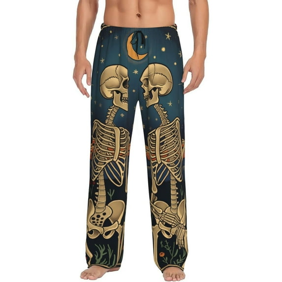 Fuzoiu Romantic Skeletons Under Moon Print Men's Pajama Pants,Lounge Pants for Men,Lounge PJ Bottoms,Sleepwear Pants with Drawstring Pockets -Medium