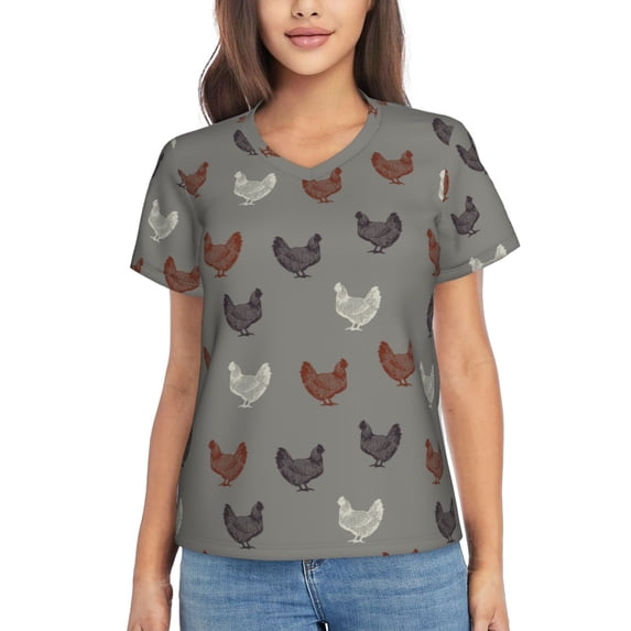 Fuzoiu Rooster Print Women's Classic V-Neck T-Shirt, Short Sleeve V Neck Tees for Casual Everyday Wear,Casual Fit Tee,Summer Fashion Tops-Small