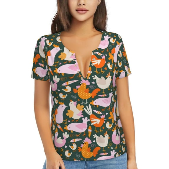 Fuzoiu Roosters and Chicks Print Women's V-Neck T-Shirt,Women's Short Sleeve Top, Comfortable for Work, Leisure, and Sports