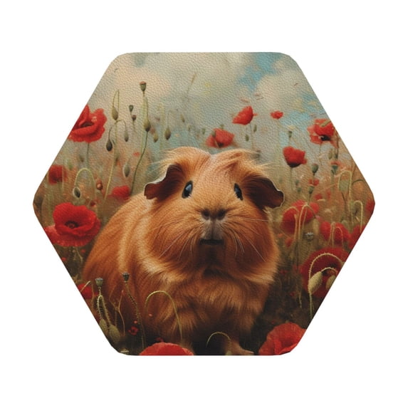Fuzoiu Rose Cute Guinea Pig Print Leather Coasters Set,Drink Coasters Set of 6,for Tabletop Protection, Durable PVC Coasters,Home Décor and Housewarming Gift,Hexagon
