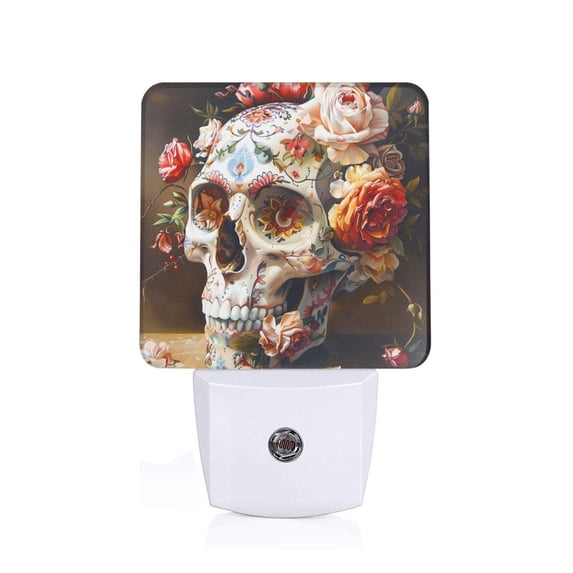 Fuzoiu Rose Floral Skull Print Dusk to Dawn LED Night Light with Light Sensor, Energy-Efficient Touch-Safe Night Lamp for Home, Office, and Kids' Rooms-US