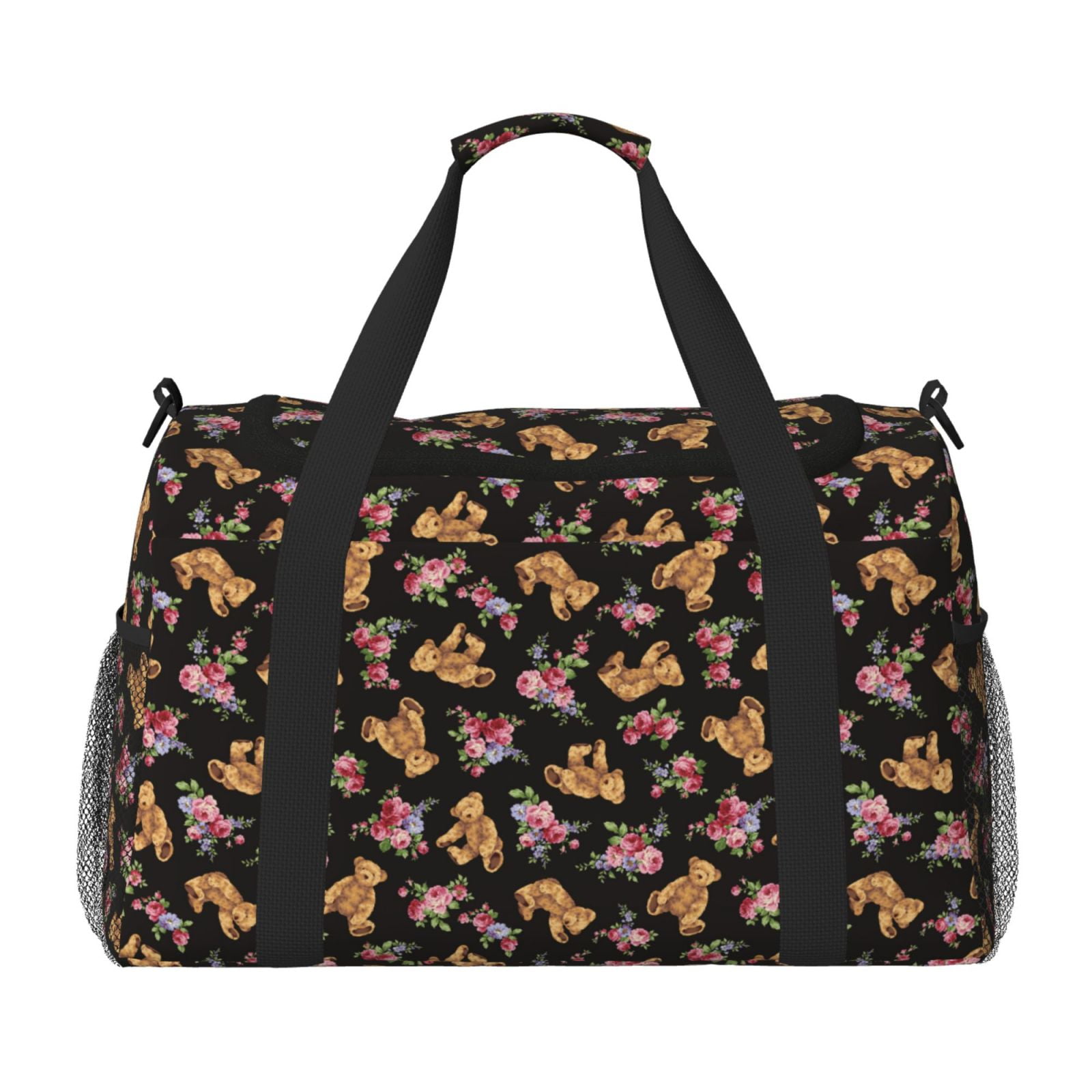 Fuzoiu Rose Flower Bear Print Travel Duffle Bag,Carry On Tote Bags,Duffel Bag,Sport Gym Bag, Hospital Bag for Labor and Delivery, Overnight Bag,Luggage Bag
