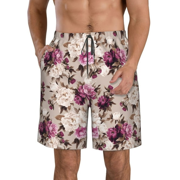 Fuzoiu Rose Flowers Print Men's Beach Shorts,Men's Swim Trunks,Quick Dry Board Shorts with Pockets,Men's Bathing Suits for Surfing, Running, and Casual Wear-Large
