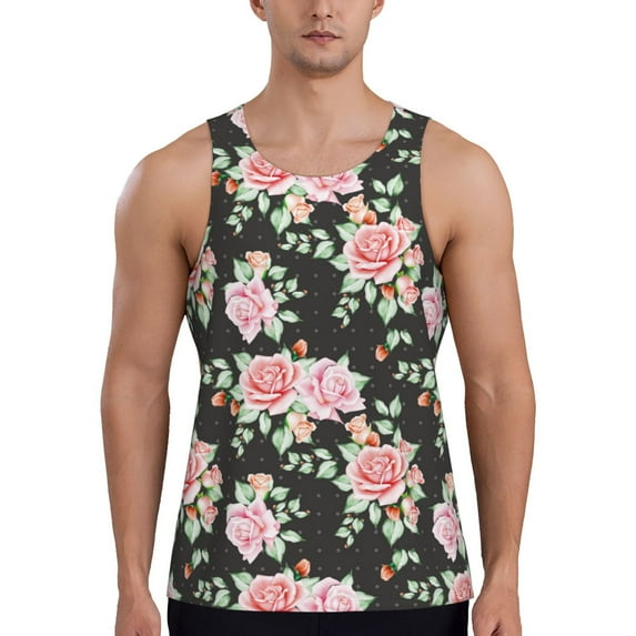 Fuzoiu Rose Flowers Print Men's Workout Tank Tops,Sleeveless Gym Shirt Quick Dry,Fitness Bodybuilding T-Shirt,Muscle Athletic Workout Tee-3X-Large