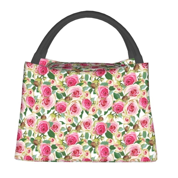 Fuzoiu Rose Flowers Print Portable Insulation Lunch Bag,Large Lunch Box,Container Reusable Leakproof Tote for Work, Travel, and Outdoor Activities