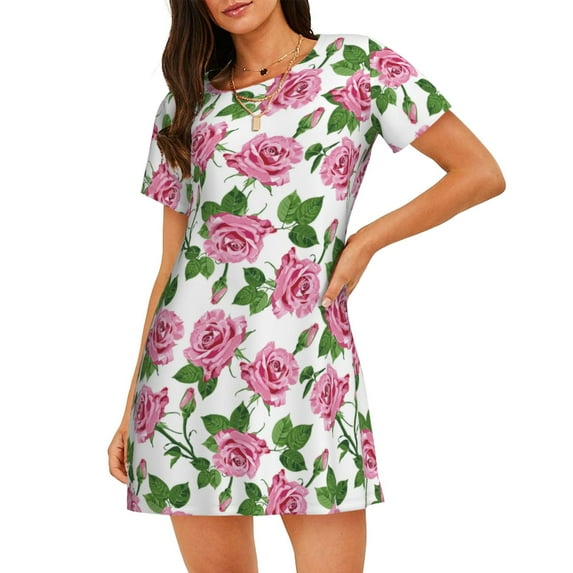 Fuzoiu Rose Flowers Print Women Nightgowns, Soft Comfy Lightweight Short Sleeves Sleepwear,Crew Neck Loungewear