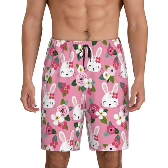 Fuzoiu Rose Rabbit Print Pajama Shorts for Men, Men's Pajama Bottoms,Mens Lounge Sleepwear,Pajama Pants with Pocket-Small