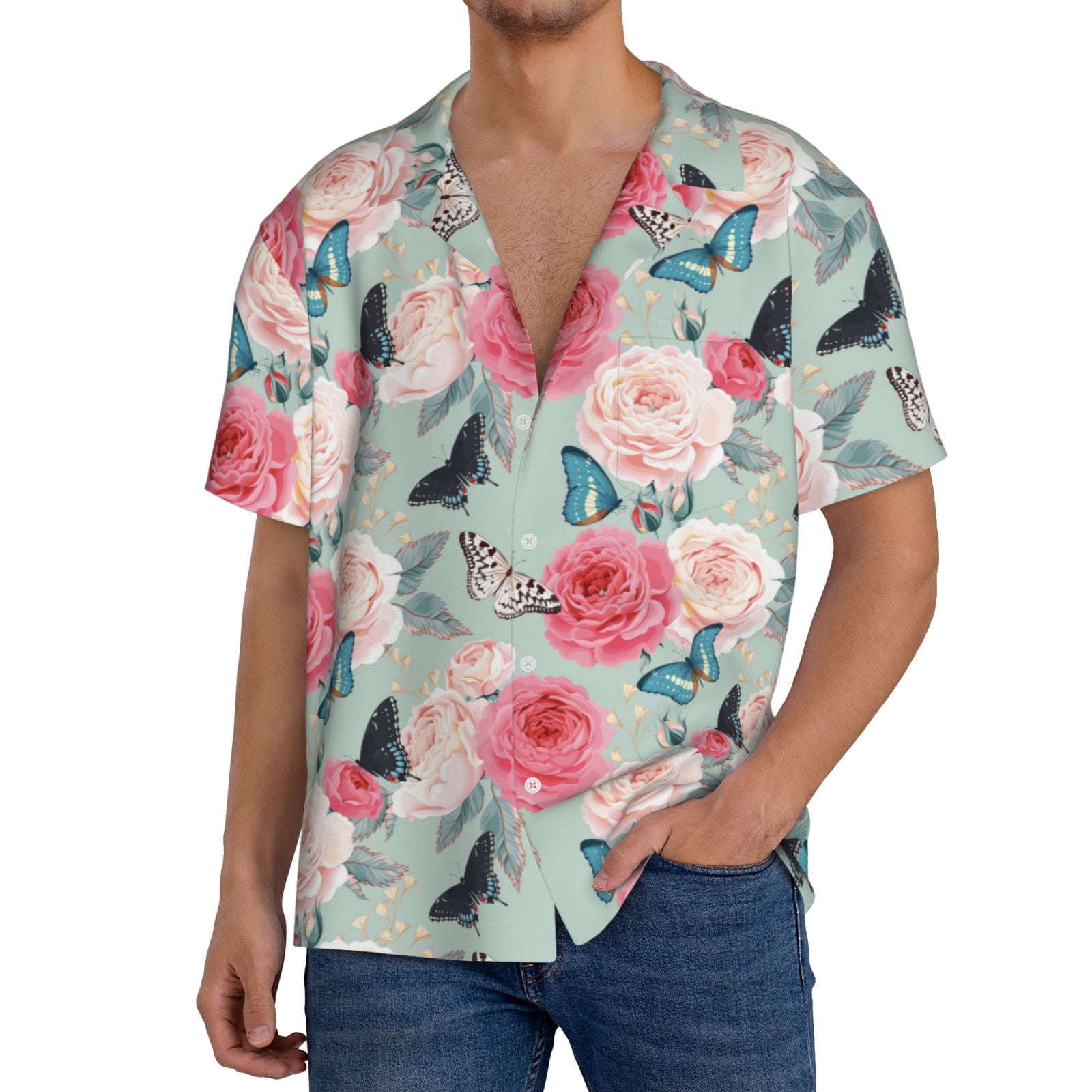 Butterfly Floral Print Men's Short Sleeve Shirt
