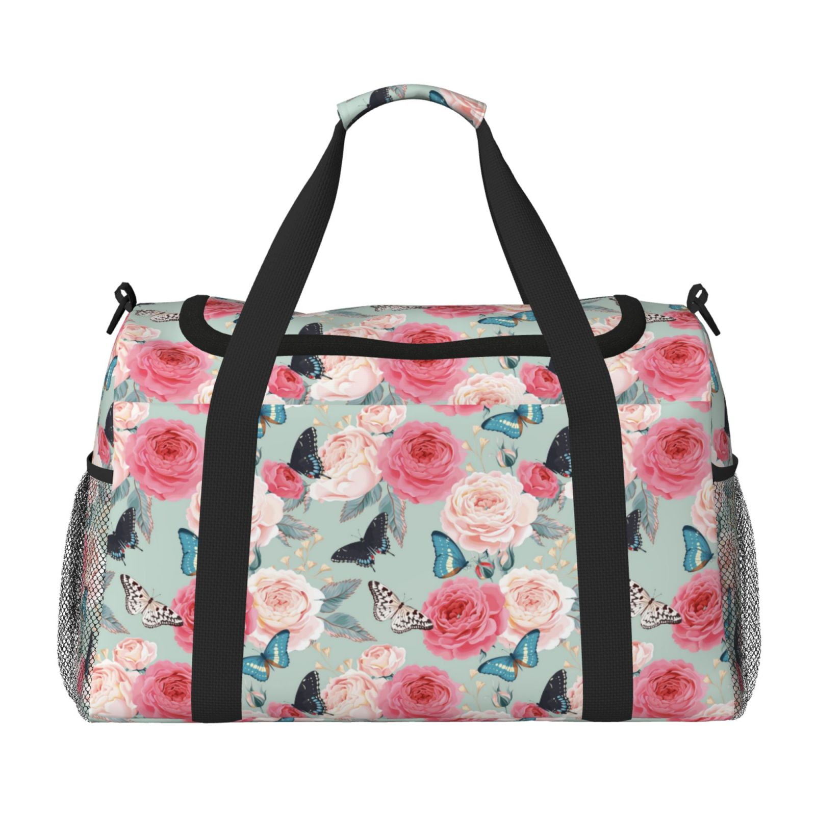 Fuzoiu Roses and Butterflies Print Travel Duffle Bag,Carry On Tote Bags,Duffel Bag,Sport Gym Bag, Hospital Bag for Labor and Delivery, Overnight Bag,Luggage Bag