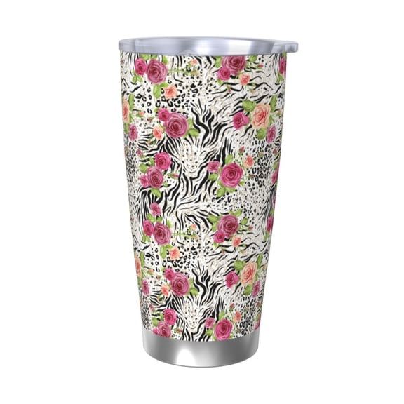 Fuzoiu Roses Mixed Zebra Print 20oz Tumbler, Stainless Steel Vacuum Insulated Car Cup, Insulated Coffee Mug,Travel Mug with Lid,Thermal Cup for Outdoor-Without Straw